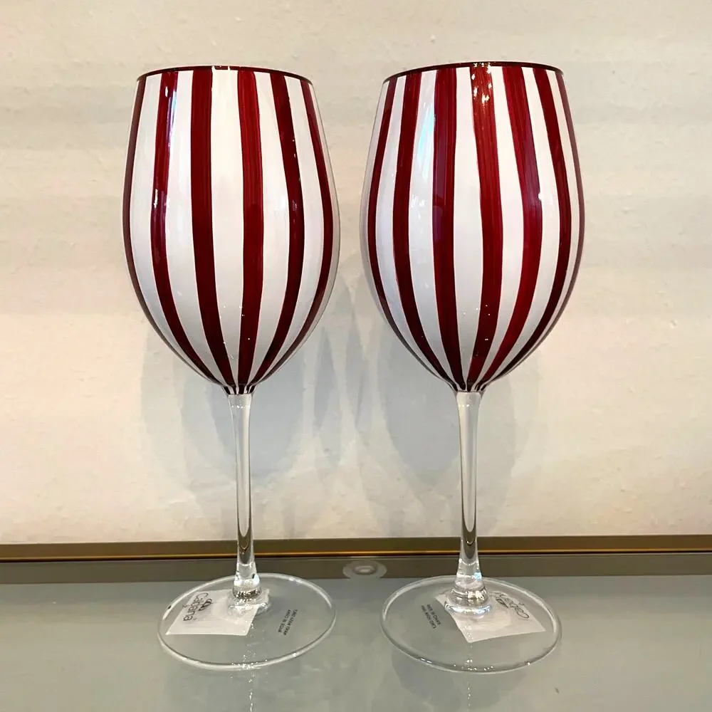 Cabana Red Striped Wine Goblet Glass Set of 2 Holiday NEW